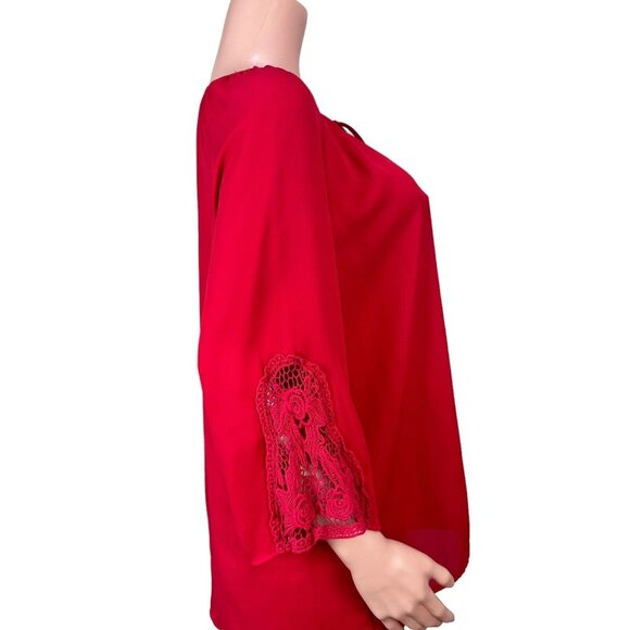 Tacera Womens SZ 1X Red Chiffon Blouse -Lace 3/4 Sleeve-Bow Tie -Round Neck - Picture 10 of 14